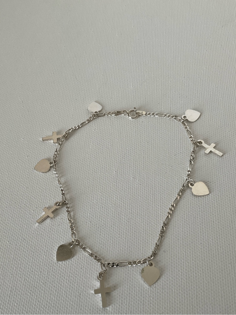 Sterling Silver Heart & Cross Ankle Charm Bracelet